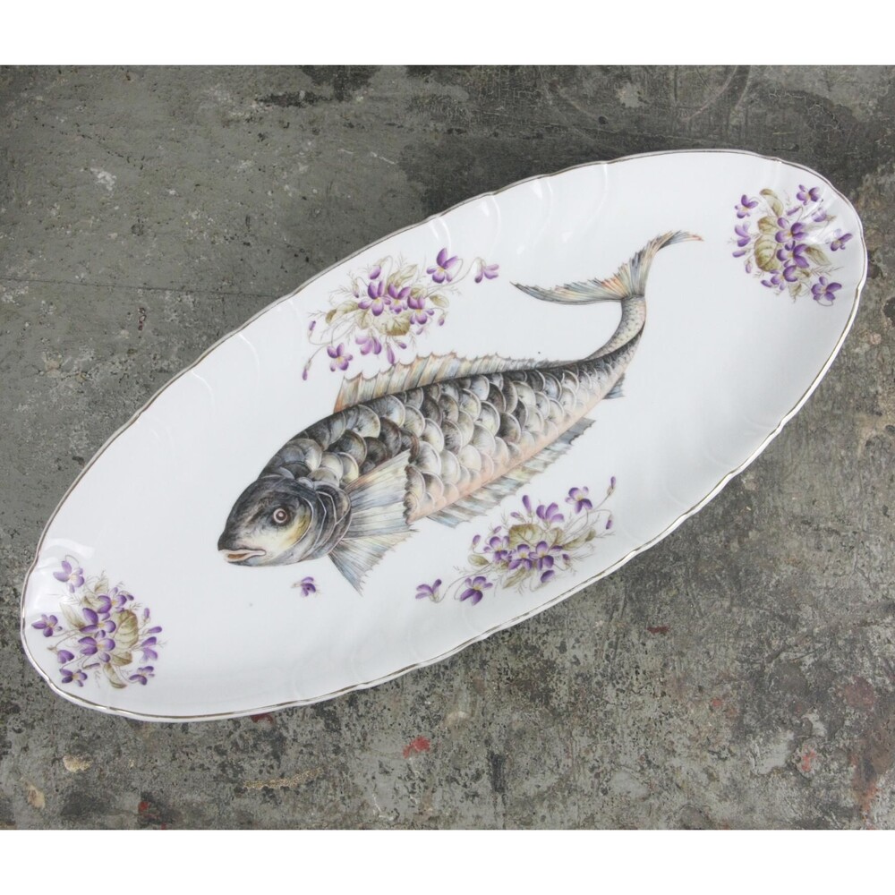Antique Hand-Painted Porcelain Fish Platter with floral motifs, circa 1880-1910